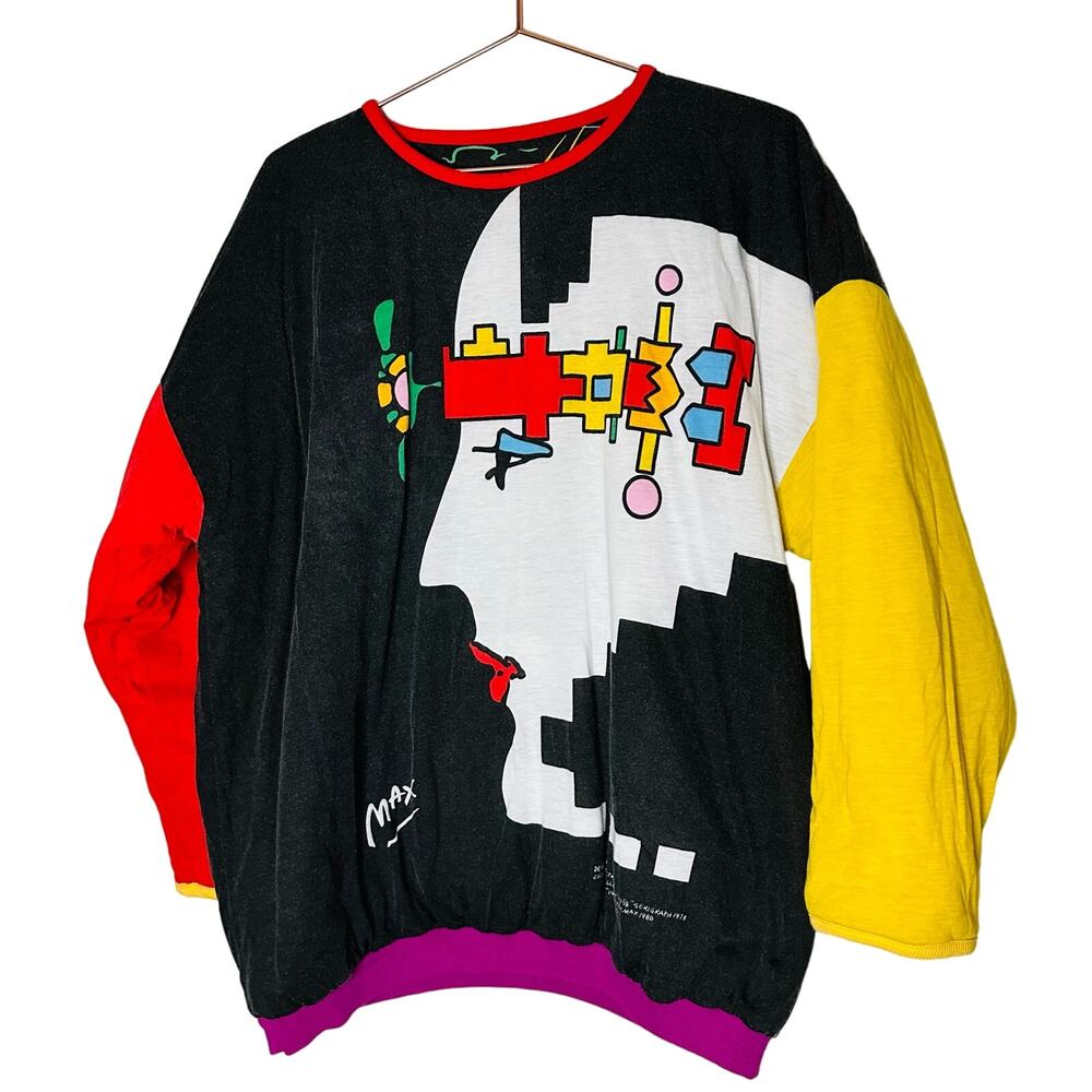 PETER MAX Vintage Custom Design Geo Face Neon Sign Reversible Sweatshirt Size L